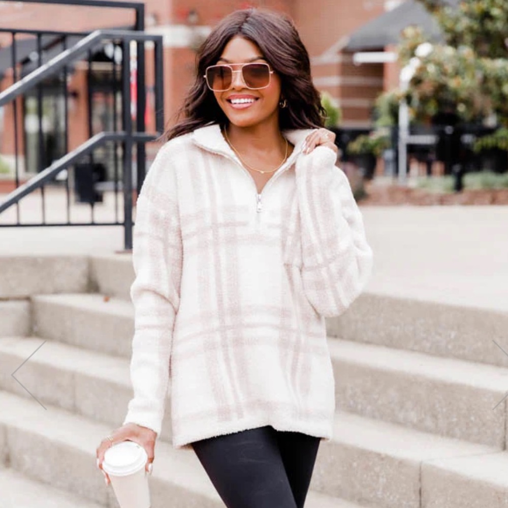 ALL IN LOVE OATMEAL FUZZY PLAID QUARTER ZIP PULLOVER